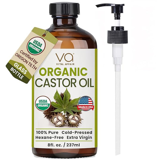 VITAL AFFAIR Castor Oil Organic Cold Pressed Unrefined Glass Bottle - USDA Certified Castor Oil For Hair Growth, Skin, Eyelashes, Eyebrows & Nails - 8 Fl Oz