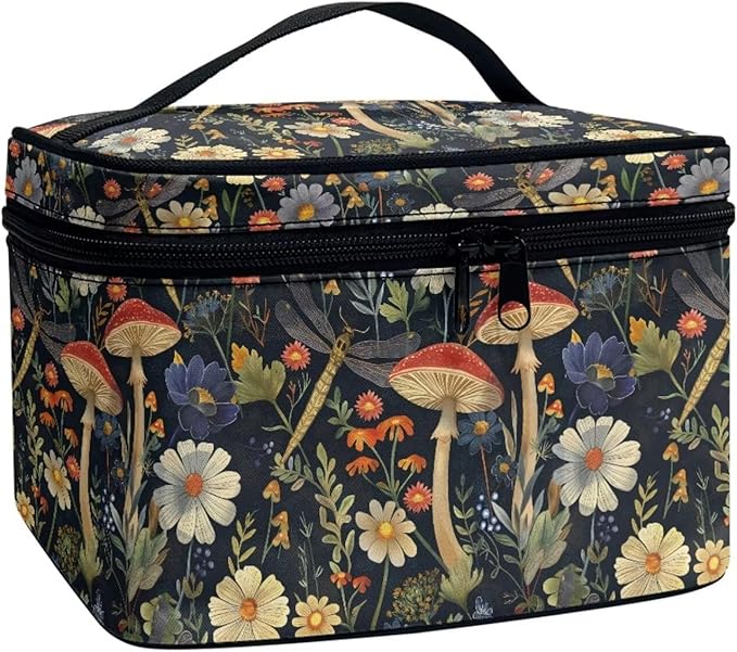 JoyLamoria Portable Makeup Case Retro Mushroom Printed Cosmetics Tote Pouch Zipper Closure