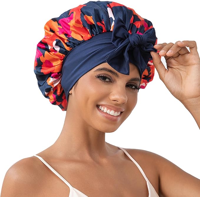 GDTOGRT Satin Silk Bonnet for Sleeping Women - Double Layer Sleep Hair Bonnets Caps for Curly Braid Hair with Tie Band