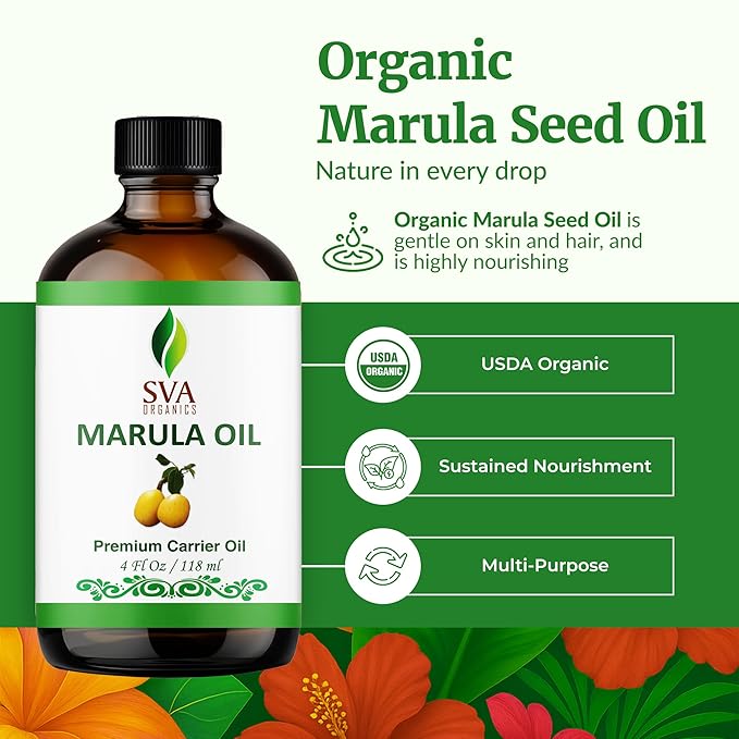 SVA Organic Marula Seed Oil - 4 Fl Oz - 100% Natural Cold Pressed Virgin Marula Oil Organic - for Face, Skin Care, Hair Care, Scalp Massage & Body Massage – Unrefined Carrier Oil with Dropper