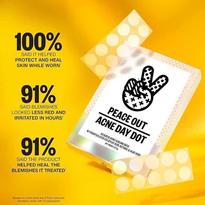 PEACE OUT Acne Day Dot, Sheer Acne Healing Dots, Virtually Invisible Wear, Hydrocolloid Pimple Patches Helps Clear Blemishes Quickly with Encapsulated Salicylic Acid, Retinol & Aloe Vera, 20 dots