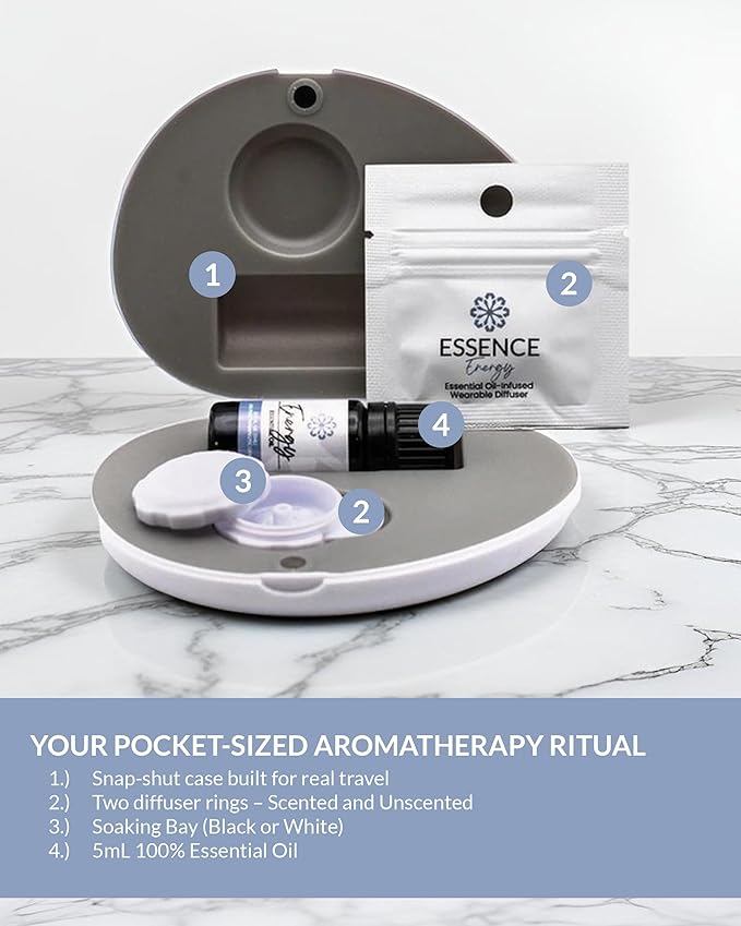 Essence Pearl Travel Case - Wearable Aromatherapy Kit with Nasal Diffuser Rings, Soaking Bay, and 5mL Essential Oil – Portable Wellness Gift Set for On?The?Go Self Care