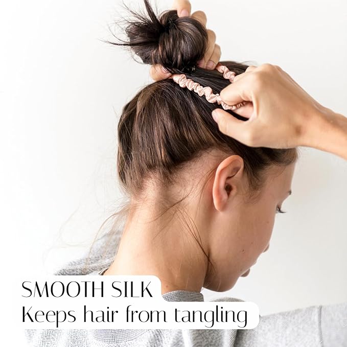 OLESILK Silk Hair Ties for Women: 100% Mulberry Skinny Silk Scrunchies, Soft Smooth No Damage No Crease for Thin Fine Curly Hair 5 Pack, Dark