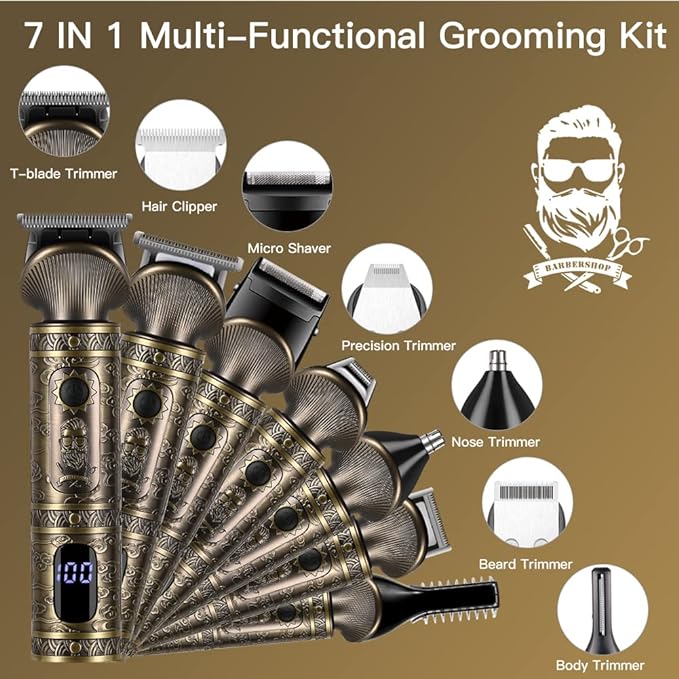 Beard Trimmer Kit Professional Hair Clipper Zero Gapped T-Blade Electric Shaver Razor Nose Body Trimmer for Men Cordless Grooming Kit 7 in 1