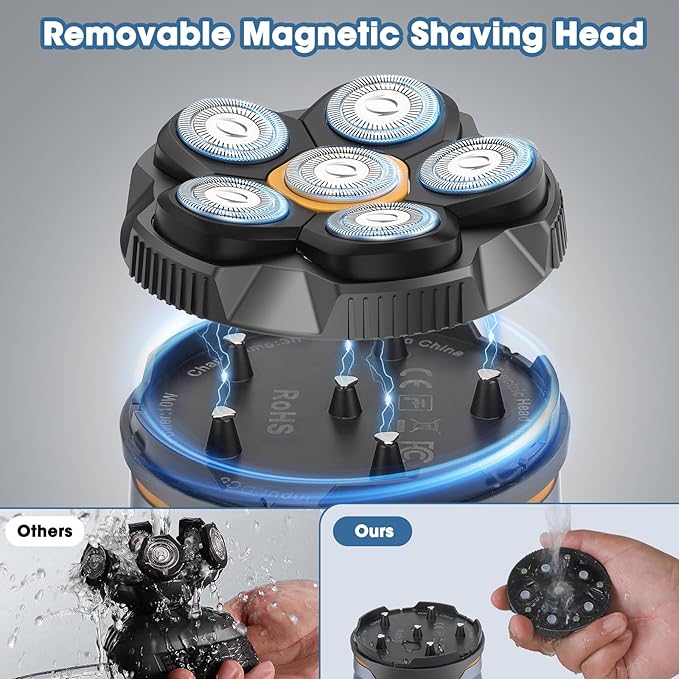 6D Electric Head Shaver for Men, Magnetic Wet & Dry Razor Electric Razor Hair Trimmer, IPX6 Waterproof, LED Display, Rechargeable Cordless Grooming Kit