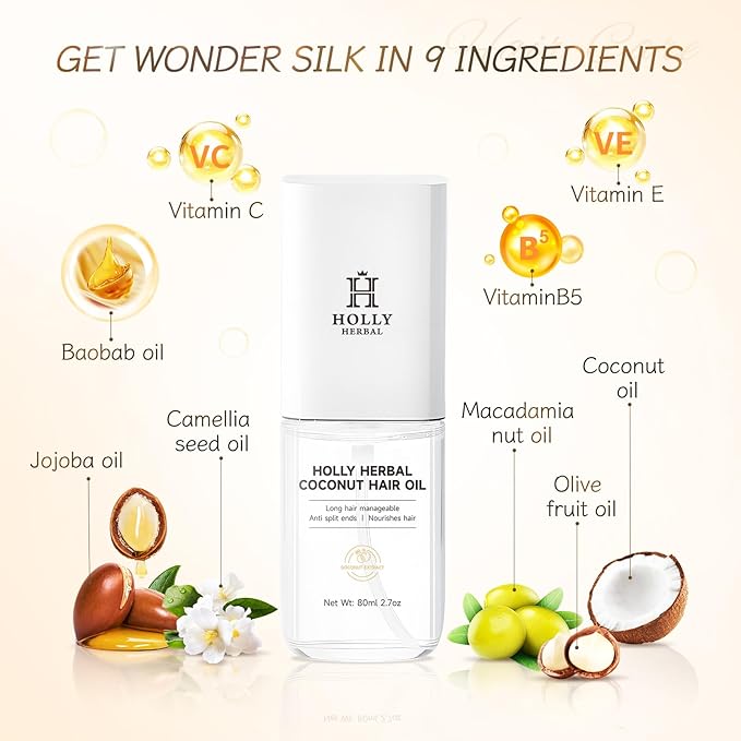 HOLLY HERBAL Coconut Oil Hair Mist - Weightless Leave-In Treatment with 6 Plant Extracts - Frizz-Free, Moisturizing & Shine, Paraben & Sulfate-Free (2.7 Fl Oz)