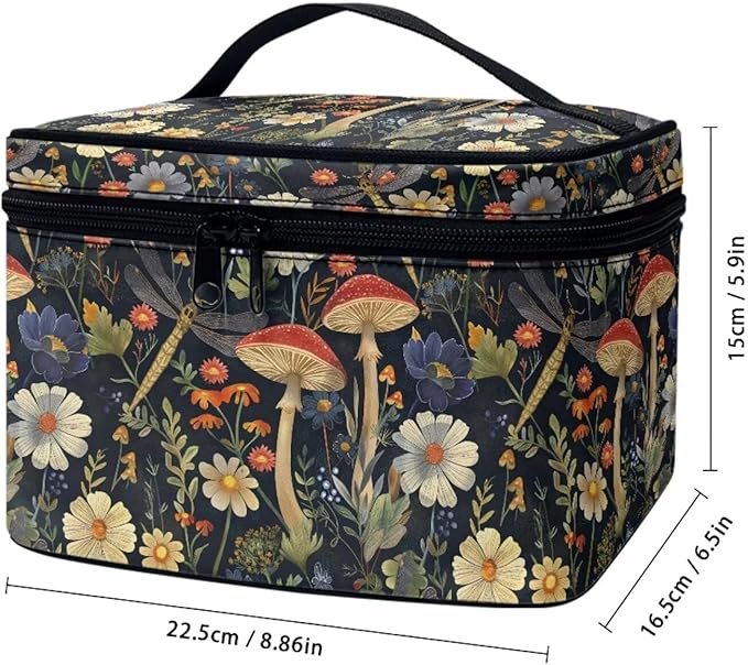 JoyLamoria Portable Makeup Case Retro Mushroom Printed Cosmetics Tote Pouch Zipper Closure