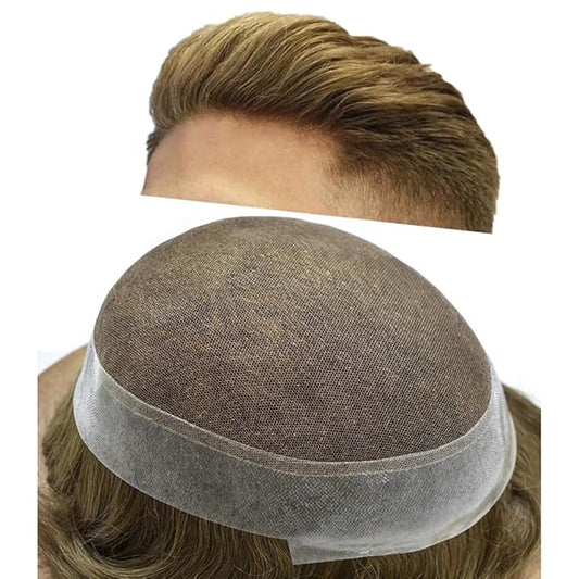 FACE MIRACLE Hair System for Men French Lace Mens Toupee Human Hair Replacement System Lace with PU Toupee for Men Male Hair Piece Wigs 7"X9" 7# VERY LIGHT BROWN