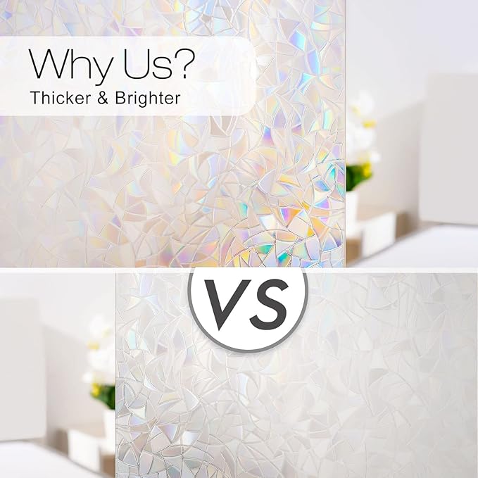 rabbitgoo Window Privacy Film Rainbow Film Decorative Window Sticker, 3D Static Stained Glass Cling Tint for Home Heat Control Non-Adhesive, 17.5 x 157.5 inches