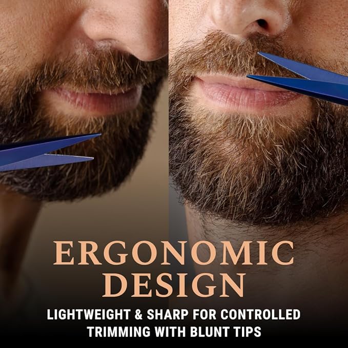 Ontaki Facial Hair Scissors - 5 Inch, Midnight Blue - High-Carbon German Steel Grooming Scissors for Beard & Mustache with Mustache Comb, Beard Comb & Leather Pouch