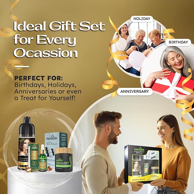 Herbishh Hair Color Shampoo for Gray Hair – Natural Hair Dye Shampoo – Lasts Up To 3-4 Weeks – 500ML – 3-In-1 Hair Color – Colors, Cleanses, and Conditions (Chestnut Brown Giftset)