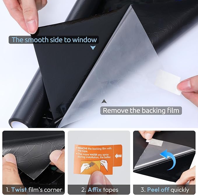 rabbitgoo Window Privacy Film Rainbow Film Decorative Window Sticker, 3D Static Stained Glass Cling Tint for Room Darkening Day Sleep, Black, 17.5 x 157.4 inches