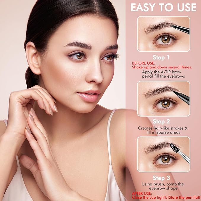 Eyebrow Pencil,2-in-1 Waterproof Eyebrow Pen with 4 Tip Brow Pen and Ultra-Precise Brow Pencil,with Dual-ended Eyebrow Brush,Eyebrow Makeup for Natural Looking Eyebrows - Dark Grey