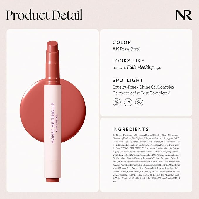 Nature Republic HONEY MELTING LIP (19 ROSE CORAL) SOFT LIP STICK, Hydrating Gloss, Moisturizing balms, Sheer tint, Shine & Nude, Glowy Finish, korean make up, Stocking Stuffers