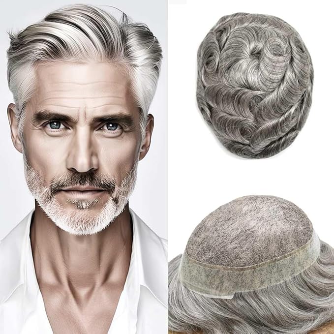 Toupee for Men French Lace Center Human Hair Replacement Systems Transparent Lace with PU Around Hair Piece Mens Toupee Hair Units for Man V-Looped Front Male Hair Prosthesis 7"X9" #60RY