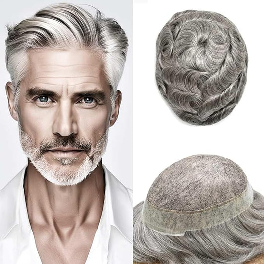 Toupee for Men French Lace Center Human Hair Replacement Systems Transparent Lace with PU Around Hair Piece Mens Toupee Hair Units for Man V-Looped Front Male Hair Prosthesis 7"X9" #60RY