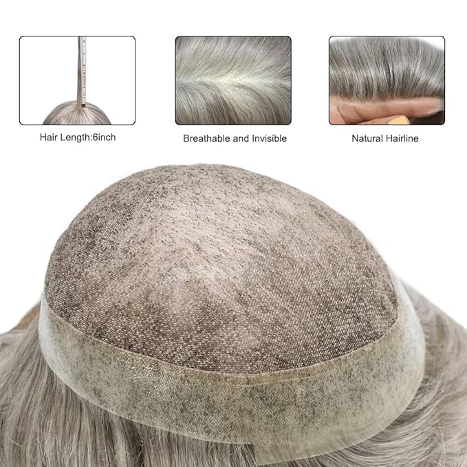 FACE MIRACLE Toupee for Men French Lace Hairpiece Human Hair Replacement System Skin PU Mens Toupee Hair Wigs for Man V-Looped Front Hair Prosthesis 6"X8" #60RY