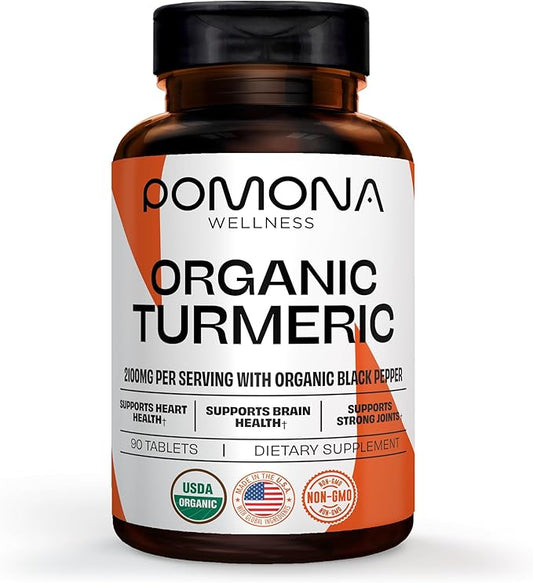 Pomona Wellness Organic Turmeric Supplement 2100 mg, USDA Organic, Non-GMO, Vegan, Turmeric Curcumin with Black Pepper for Absorption, for Joint Support and Immunity, 90 Tablets