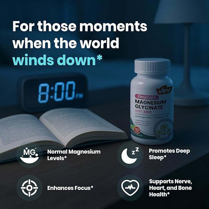 VEV DeepCalm Magnesium Glycinate and Zinc Supplement with Vitamin B6, Ashwagandha & L-Theanine – Cortisol Supplements for Daily Balance – 120 Vegan Capsules