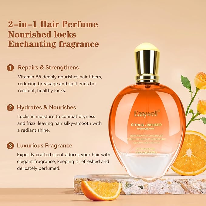 Hair Perfume for Women, Eau De Toilette Spray with Vitamin B5, Moisturizing & Nourishing Hair, Clean Fragrances Hair Spray Women, Daily Hair Repair Mist, Citrus, 2.5 fl oz