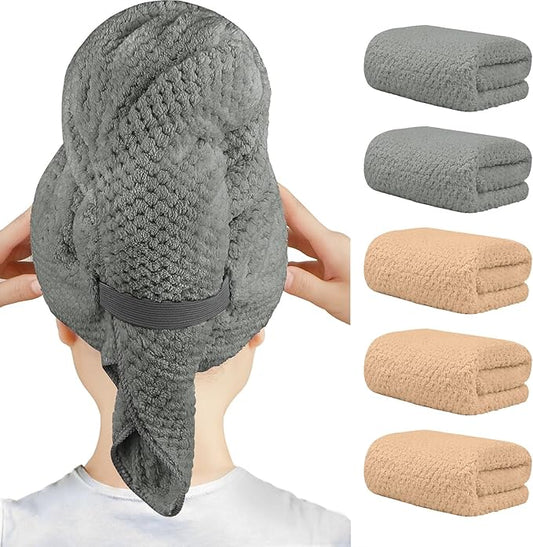 HOMEXCEL 5 Pack Microfiber Hair Towels - 40 x 20 inches Super Soft, Fast Drying Turbans for Long, Thick, Curly Hair - Anti Frizz Wrap with Elastic Strap, Brown/Grey