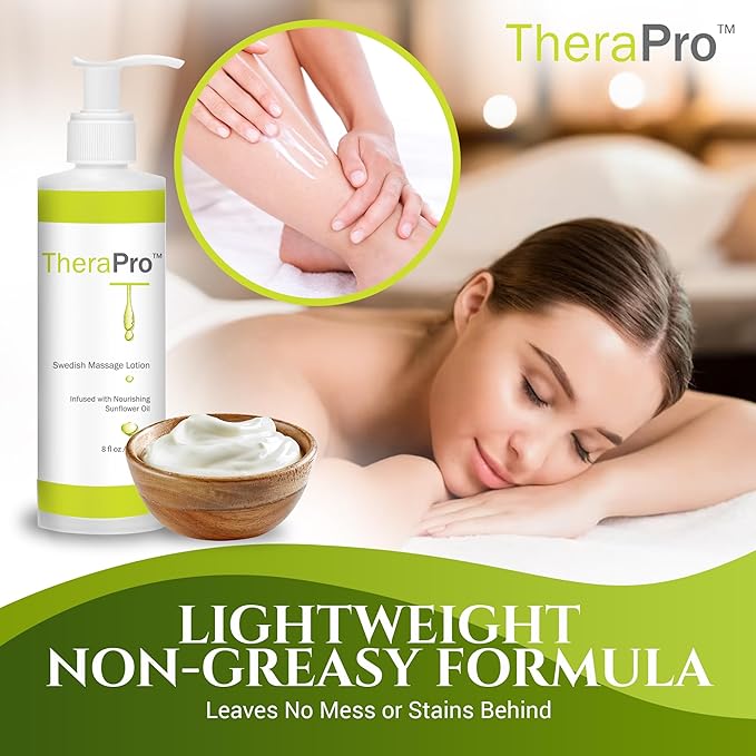 Swedish Massage Lotion by TheraPro - 8 oz. - Unscented, Water Dispersible - Swedish Deep Tissue for Massage Therapy - Smooth Glide No Sticky Residue - Professional Lotion