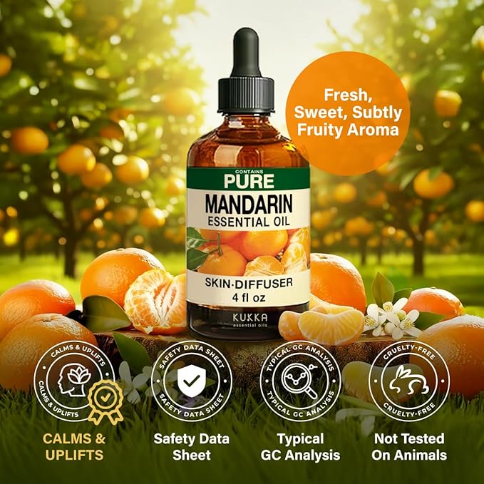 KUKKA Mandarin Essential Oils - 4 Fl Oz - for Hair, Skin, Diffuser, Aromatherapy & DIY Soap Making Scent