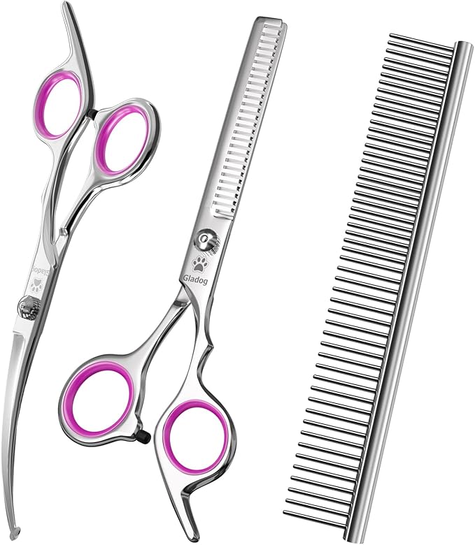 GLADOG Professional 4 in 1 Dog Grooming Scissors Set with Safety Round Tips, Sharp and Heavy-duty Pet Grooming Shears for Cats (Red)