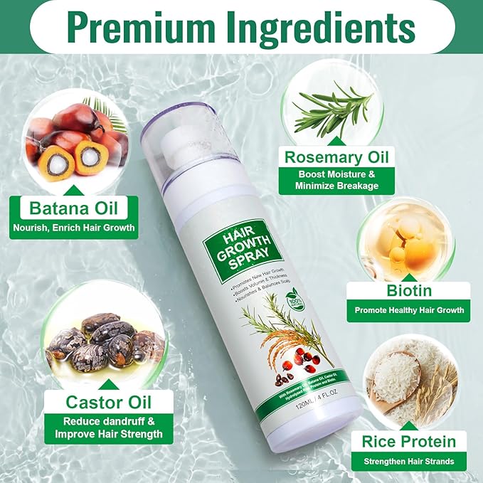 Hair Growth Serum Spray, Natural Hair Growth Spray With Biotin, Batana, Rosemary, and Castor Oil, Caffeine Ginseng Scalp Care Treatment, Thinning Hair Regrowth Thickening for Women Men 4 Fl Oz
