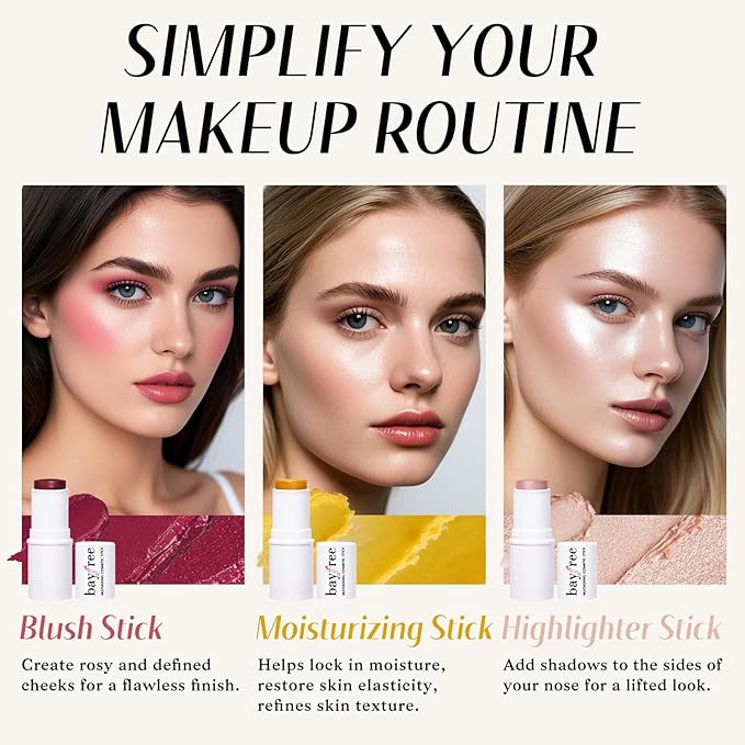 KIMUSE Face Sticks Trio, Cream Blush Stick & Highlighter Stick & Contour Stick for Sculpt the Cheeks, Long Lasting Cream Contour Stick Trio for Face Makeup, with Brush