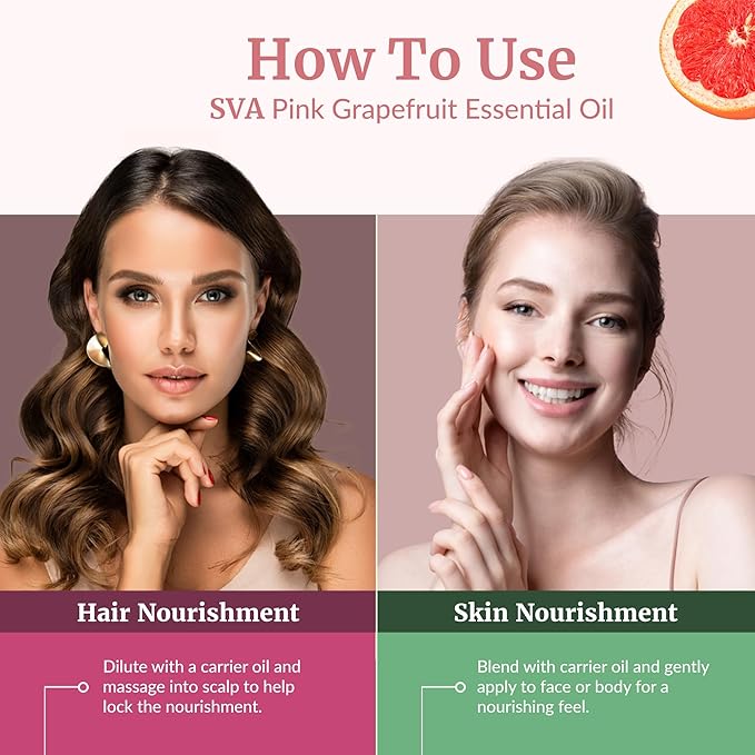 SVA Grapefruit Essential Oil Pink – 4 Fl Oz – 100% Natural Grapefruit Oil - for Diffuser, Hair Care, Face, Skin Care, Aromatherapy, Scalp and Body Massage, Soap and Candle Making - with Dropper