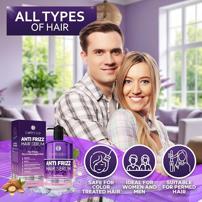 BELLISSO Anti Frizz Hair Serum for Frizzy and Damaged Hair - Humidity Treatment Control - Styling and Smoothing Products for Women and Men - 8.45 Fl Oz