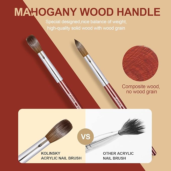 Acrylic Nail Brush Size 8,KEMEISI 100% Pure Kolinsky Nail Art Brushes Wood Handle Oval Shaped Acrylic Powder Nail Design Tools for Professional Manicure DIY Home Salon (Red)