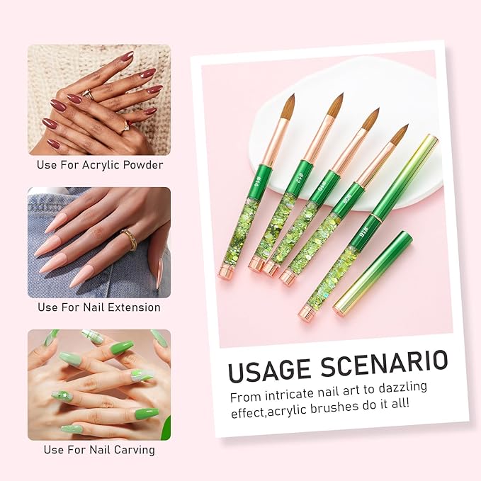 Acrylic Nail Brush Size #08, KEMEISI 100% Pure Kolinsky Nail Art Brushes Sturdy Handle Oval Shaped Acrylic Powder Nail Design Tools for Professional Manicure DIY Home Salon (Green)