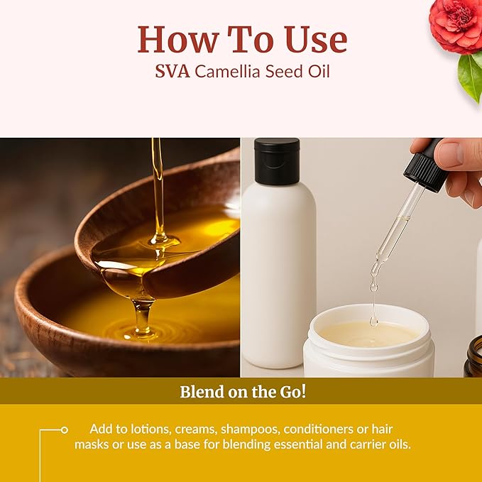 SVA Camellia Seed Oil Organic - 4 Fl Oz – 100% Natural Cold Pressed Organic Camellia Oil - for Face, Skin Care, Hair Care, Scalp Massage & Body Massage – Carrier Oil with Dropper