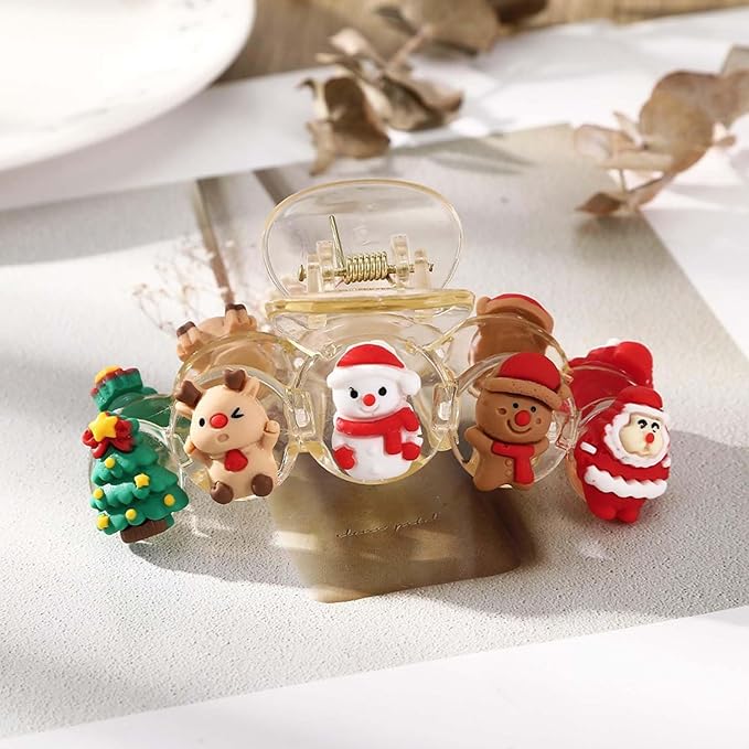 1pcs Christmas Hair Clips - Cute Tree Reindeer Snowmen Claw Clips, Transparent Hair Accessories with Santa Claus Gingerbread Man Designs, Christmas Large Size Hairpin for Xmas Hairstyle Decor