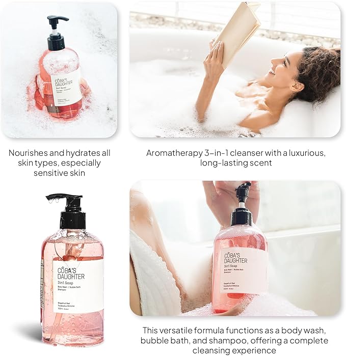 COBA'S DAUGHTER Grapefruit Peel & Eucalyptus Globulus 3-in-1 Soap | Body Wash, Bubble Bath, Shampoo | Cleanse, Nourish & Soften Skin with Inulin & Seaweed Extract | (16.9oz)