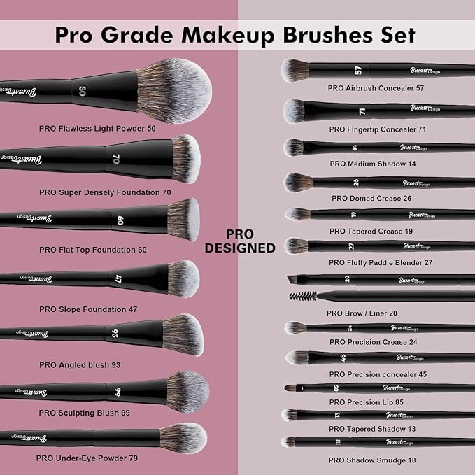 Bueart Design 19Pcs Professional Grade Labeled Makeup Brushes Set, Large Foundation Powder Contour Concealer eyeshadow Blush EyeLiner Make up Brushes,Premium Synthetic hair,Vegan Cruelty-free