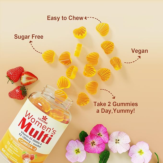 Womens Multivitamin Gummy with Omega 3（DHA/EPA), Vitamin D3 K2, Calcium, Inositol, Daily Womens Vitamin A C E B Complex, L-MethylFolate, Methyl B12,Sugar Free Methylated Multivitamins Minerals, 120Cts