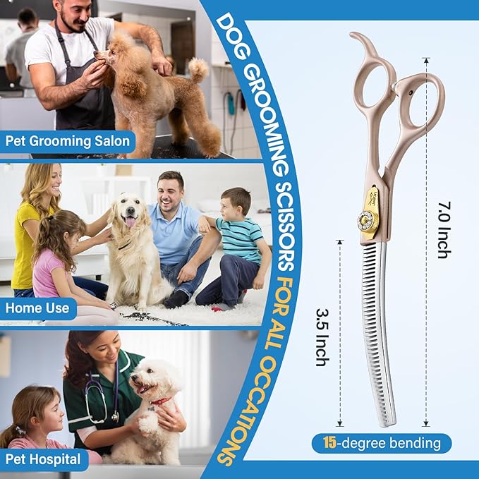 JASON Updated Curved Thinning Shears - 7” Professional Dog Grooming Scissors, 440C Stainless Steel, Adjustable Screws, 20%-25% Thinning Rate Christmas Gift