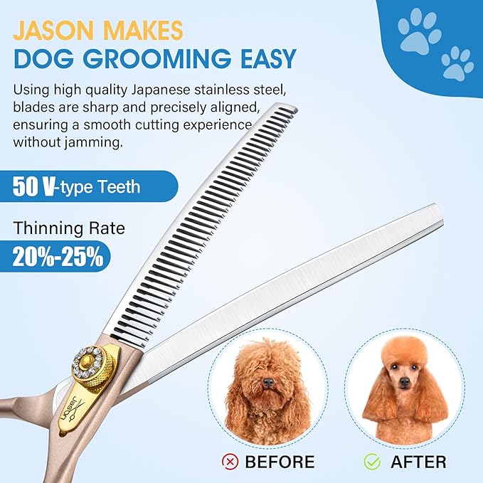 JASON Updated Curved Thinning Shears - 7” Professional Dog Grooming Scissors, 440C Stainless Steel, Adjustable Screws, 20%-25% Thinning Rate Christmas Gift