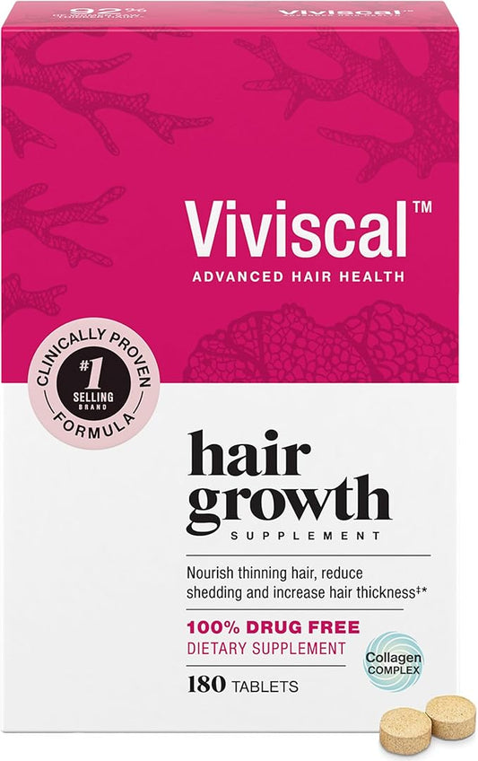 Viviscal Hair Growth Supplements for Women, Thicker Fuller Hair Support for Thinning Hair and Hair Loss, with Biotin and Marine Collagen, Drug-Free, 180 Tablets, 90-Day Supply