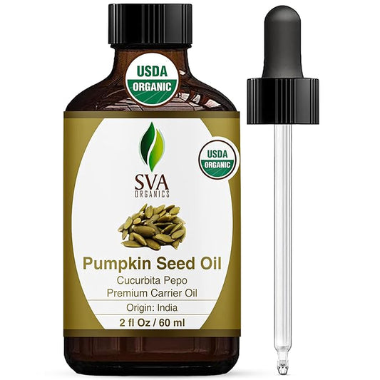 SVA Pumpkin Seed Oil Organic - 2 Fl Oz – 100% Natural Cold Pressed Pumpkin Seed Oil - for Face, Skin Care, Hair Care, Scalp Massage & Body Massage - with Dropper