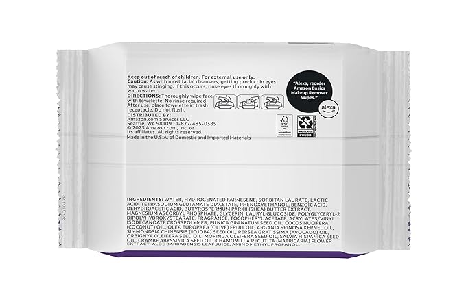Amazon Basics Makeup Remover Wipes, Gentle Cleansing, Dermatologist Tested, Night Calming, Plant Based, Alcohol-Free, Removes Waterproof Mascara, 25 Count Per Pack, Pack of 6