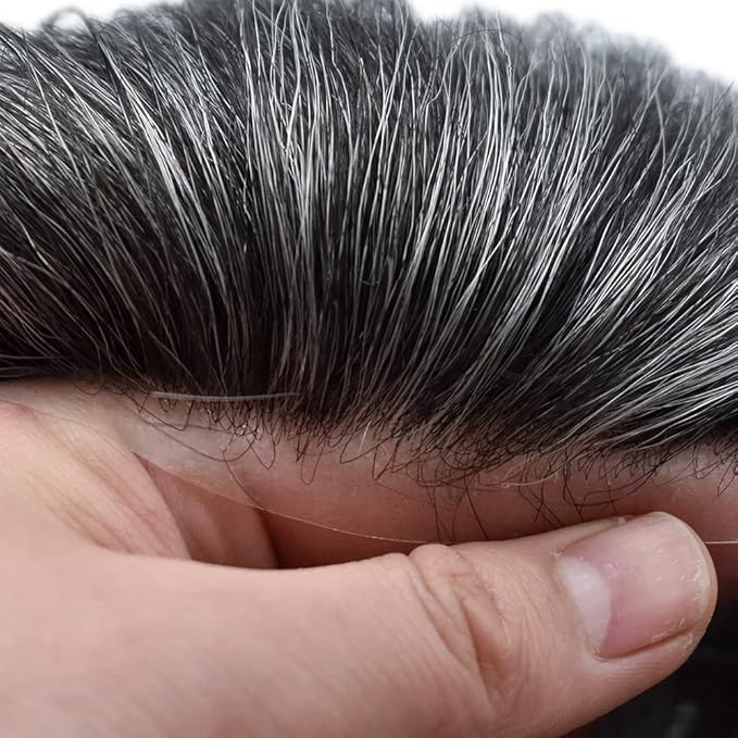 FACE MIRACLE Toupee for Men French Lace Hairpiece Human Hair Replacement System Skin PU Mens Toupee Hair Wigs for Man V-Looped Front Hair Prosthesis 7"X9" #1B50 1B# OFF BLACK WITH 50% SYNTHETIC GREY