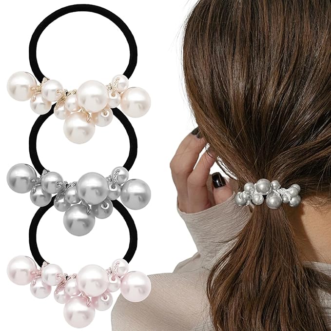3Pcs Pearl Hair Ties Beaded Ponytail Holder Pearls Hair Scrunchies Fancy Rubber Bands Hairbands Decorative Stretchy Elastics Hair Accessories for Women Girls