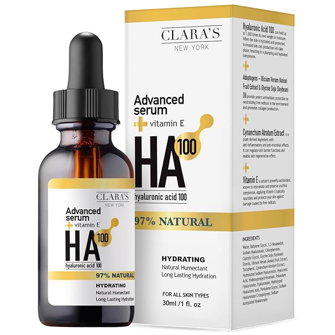 CLARA'S NEW YORK Hyaluronic Acid 100 Facial Serum with Vitamin E – Hydrating, Plumping & Anti-Aging Face Serum – Made in USA 30ml / 1 Fl Oz