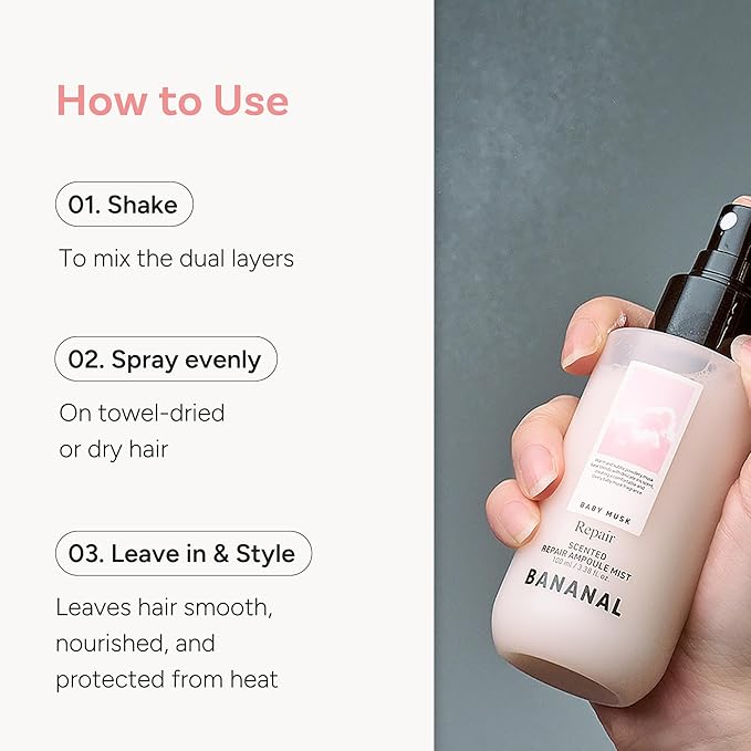 Korean Hair Serum Mist – Argan Oil & Silk Protein Ampoule for Nourishing, Frizz Control & Glass Hair Shine – White Floral Musk, 100ml / 3.38 fl oz