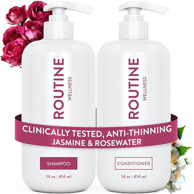 Routine Wellness Anti-Thinning Shampoo and Conditioner Set for Thinning Hair - Biotin DHT Blocker Women & Men - Color Safe Shampoo for Hair Loss & Healthier Hair - Jasmine & Rosewater (Pack of 2)