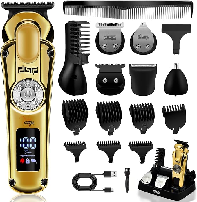 DSP Men's Grooming Kit, Beard Trimmer for Men, Nose Trimmer, Body Trimmer, Foil Shaver, T-Blade, Mustache, Cordless Hair Trimmer, IPX6 Waterproof,2 Speeds Adjustable, Gift for Men (Gold)